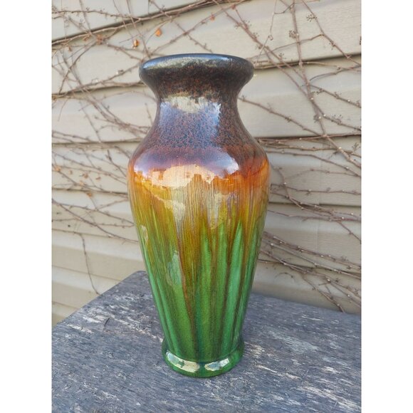 Handmade Hosley TM Potteries Green & Brown Gradient Glazed Ceramic Vase 14 3/4" - Picture 1 of 5